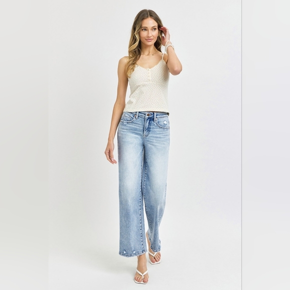 RISEN High-Rise Wide Leg Tummy Control Pants Distressed Cropped Denim Blue Jeans - Picture 14 of 15
